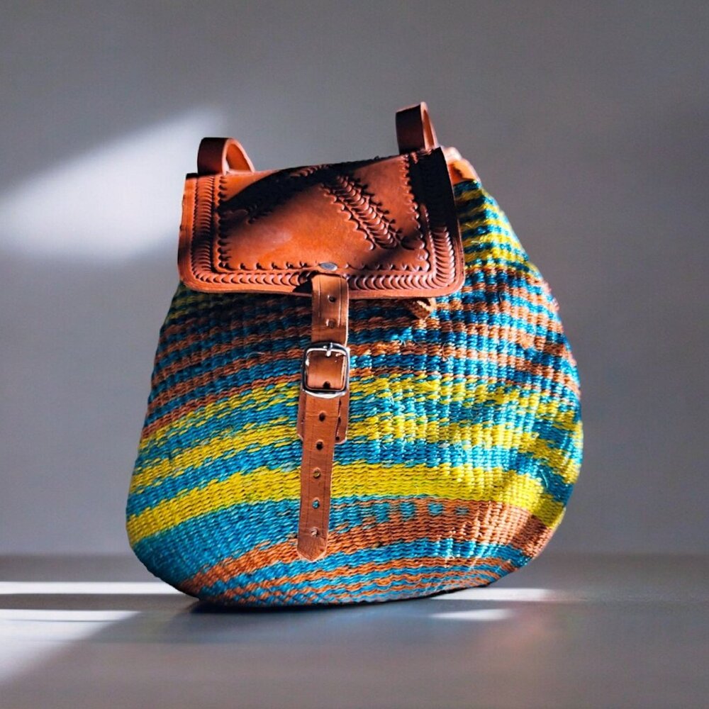 Kiondo Medium African Handwoven Backpack with Leather Adjustable Shoulder Straps